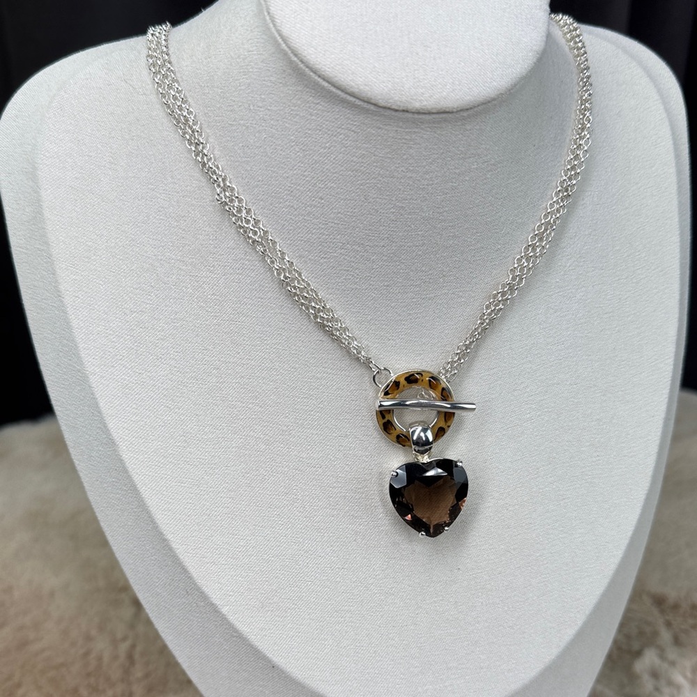 David Sigal SS Smoky Quartz Heart Pendant with 3 strand Leopard Toggle Necklace